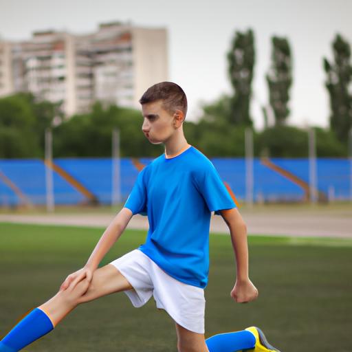 Cầu thủ trẻ đang tập thể dục khởi động trước trận đấu bóng đá.