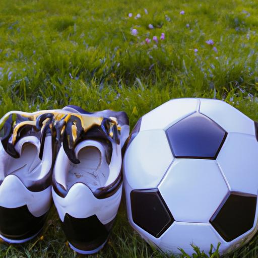 Đôi giày bóng đá và quả bóng nằm trên cỏ