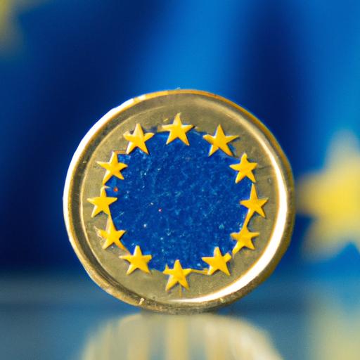 Chụp cận cảnh đồng tiền Euro với lá cờ của Liên minh châu Âu nằm phía sau.