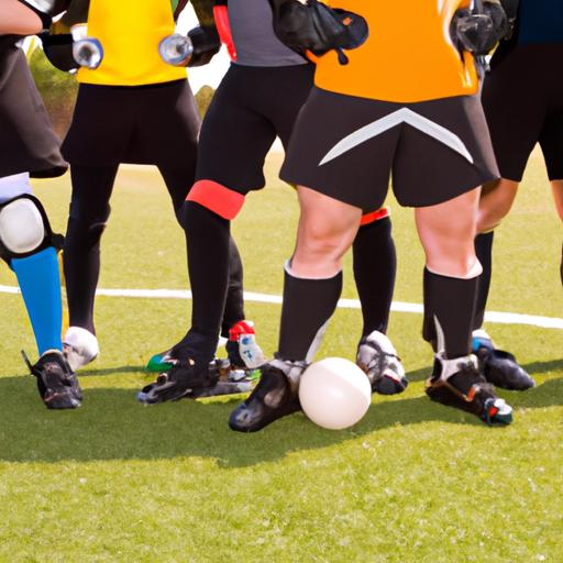 Nhóm cầu thủ bóng đá đang sử dụng bó gối khi thi đấu trên sân.