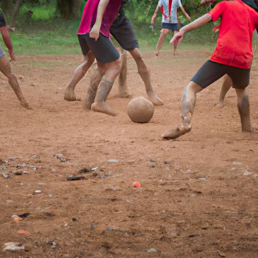 Một nhóm cầu thủ chân gỗ đang chơi trận đấu bóng đá trên sân đất.