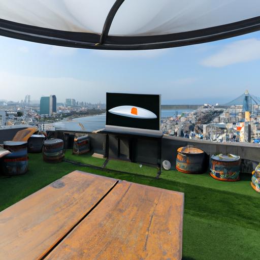 Một quán cafe với tầm nhìn từ tầng trên nhìn ra toàn cảnh thành phố và màn hình lớn để xem các trận đấu bóng đá tại Đà Nẵng.