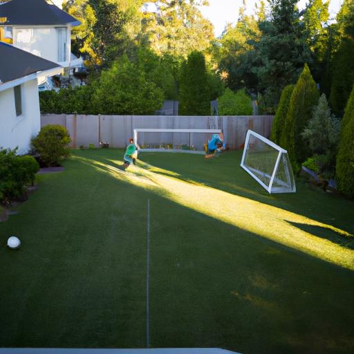 Sân bóng đá mini trong sân sau nhà với gia đình đang chơi bóng đá.